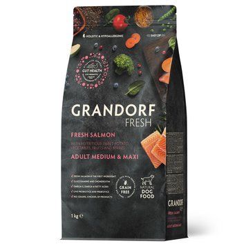 Grandorf FRESH SALMON & SWEET POTATO ADULT DOG MEDIUM & MAXI - Беззерновий сухий корм для дорослих собак середніх та великих порід з лососем та бататом, 1 кг 94901 фото
