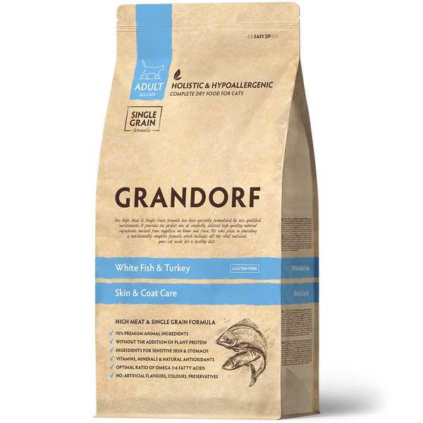Grandorf Cat White Fish & Turkey Adult Skin Care 2 кг - сухий корм для дорослих котів з білою рибою та індичкою 83302 фото