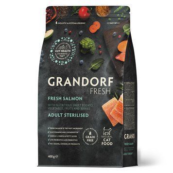 Grandorf FRESH SALMON & SWEET POTATO ADULT CAT STERILISED - Беззерновий сухий корм для стерилізованих котів лосось з бататом, 400 г 82840 фото