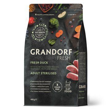 Grandorf FRESH DUCK & SWEET POTATO ADULT CAT STERILISED - Беззерновий сухий корм для стерилізованих котів качка з бататом, 400 г 82940 фото
