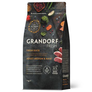 Grandorf FRESH DUCK & SWEET POTATO ADULT DOG MEDIUM & MAXI - Беззерновий сухий корм для дорослих собак середніх та великих порід з качкою та бататом, 1 кг 94401 фото